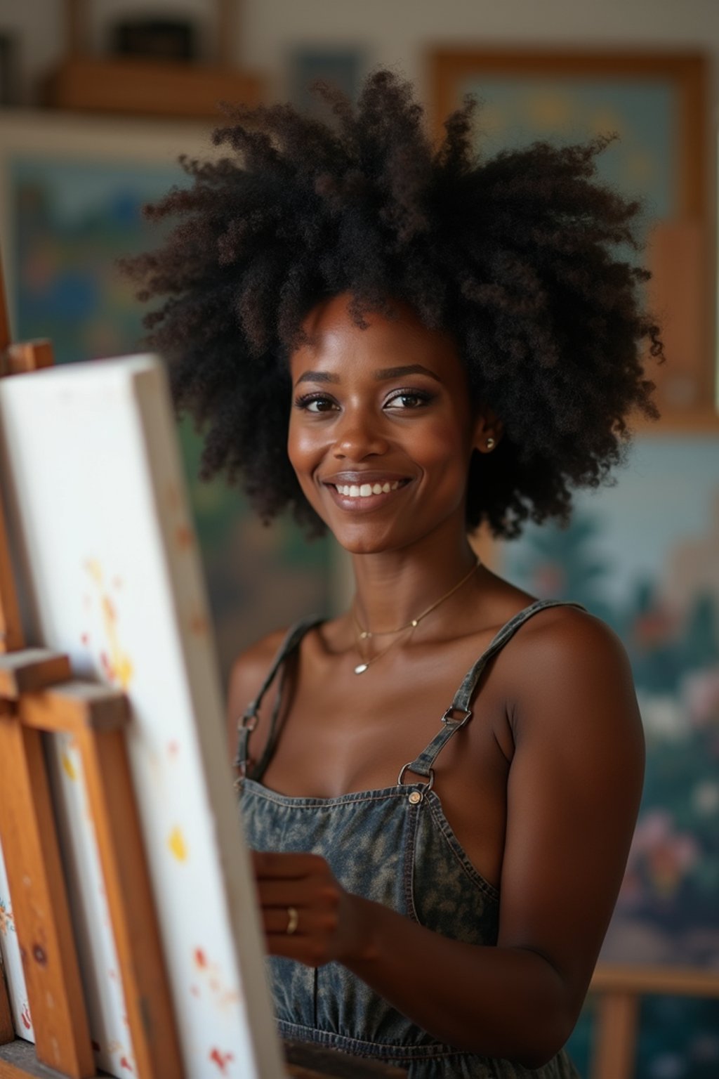 a woman as artistic painter in  art studio with wooden easel and paint