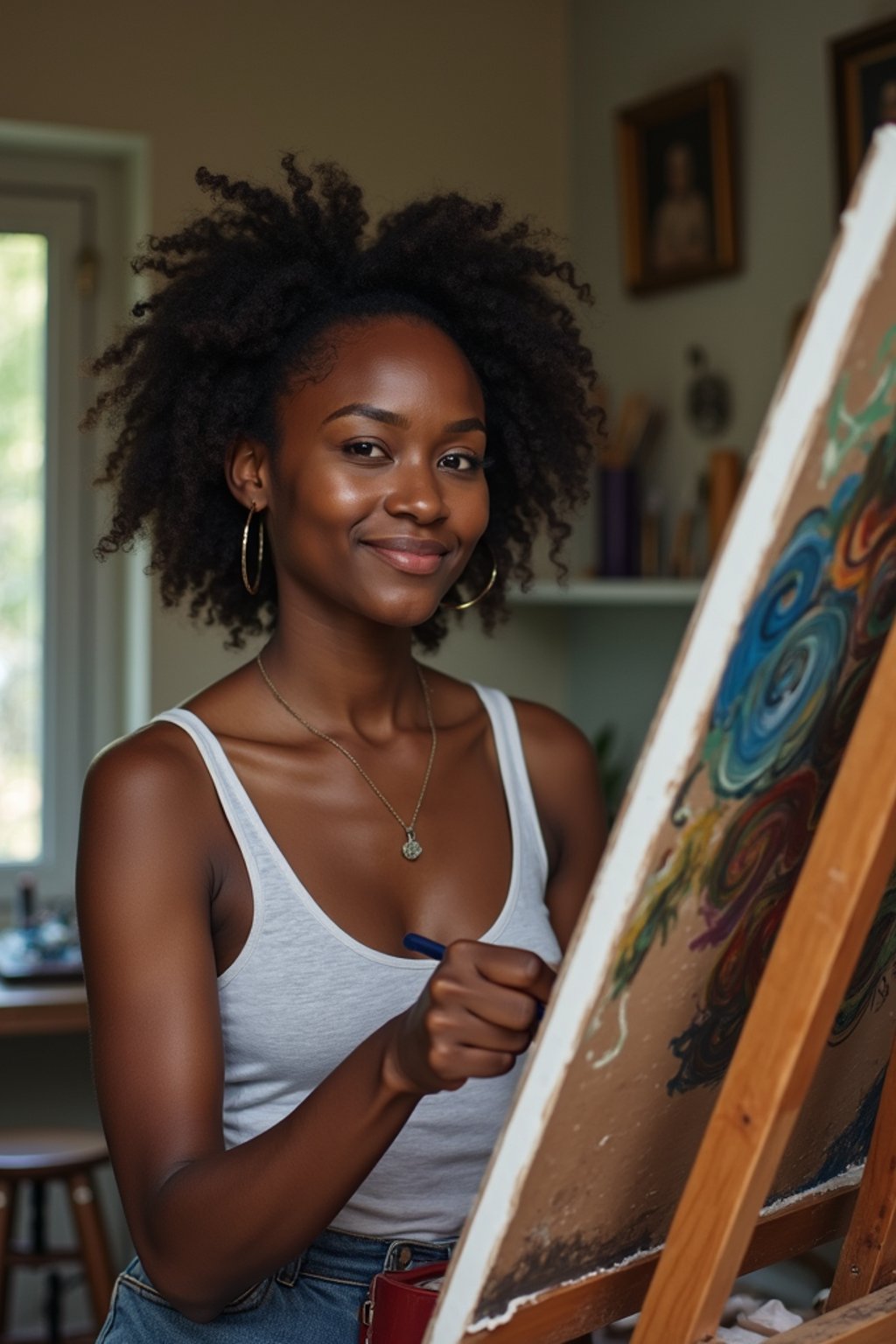 a woman as artistic painter in  art studio with wooden easel and paint