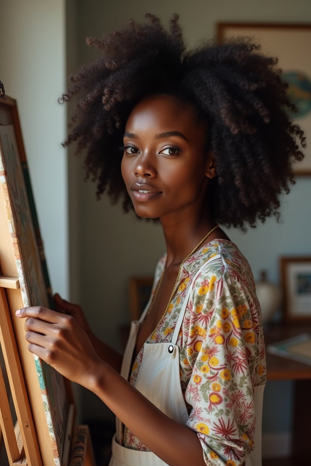 a woman as artistic painter in  art studio with wooden easel and paint