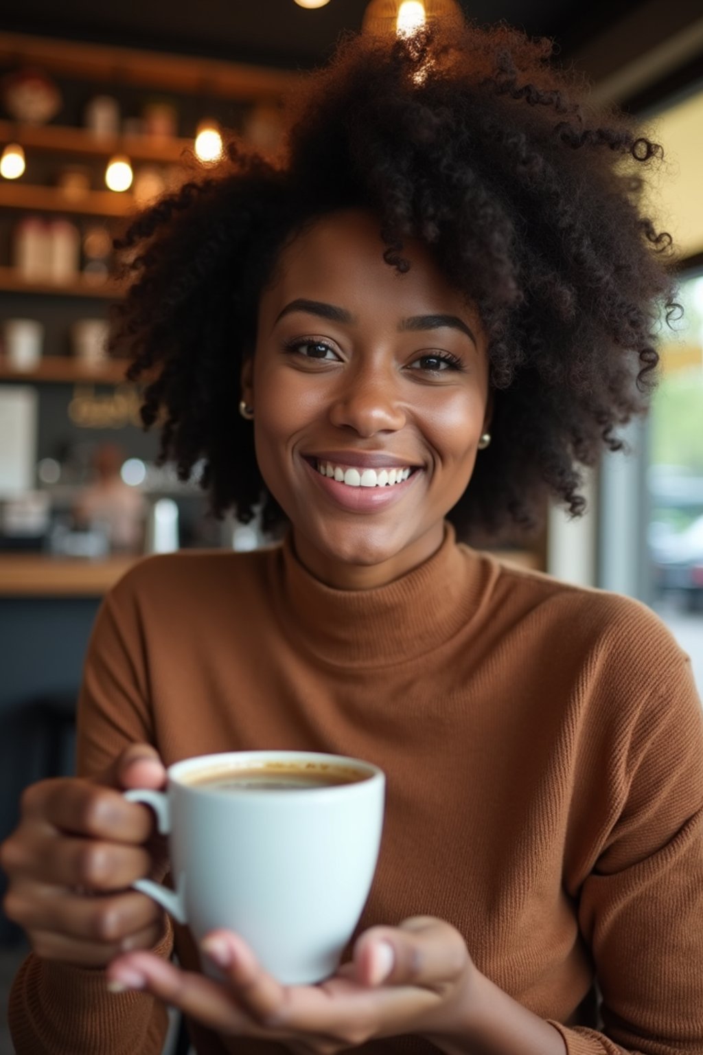 woman in a trendy café, holding a freshly brewed cup of coffee