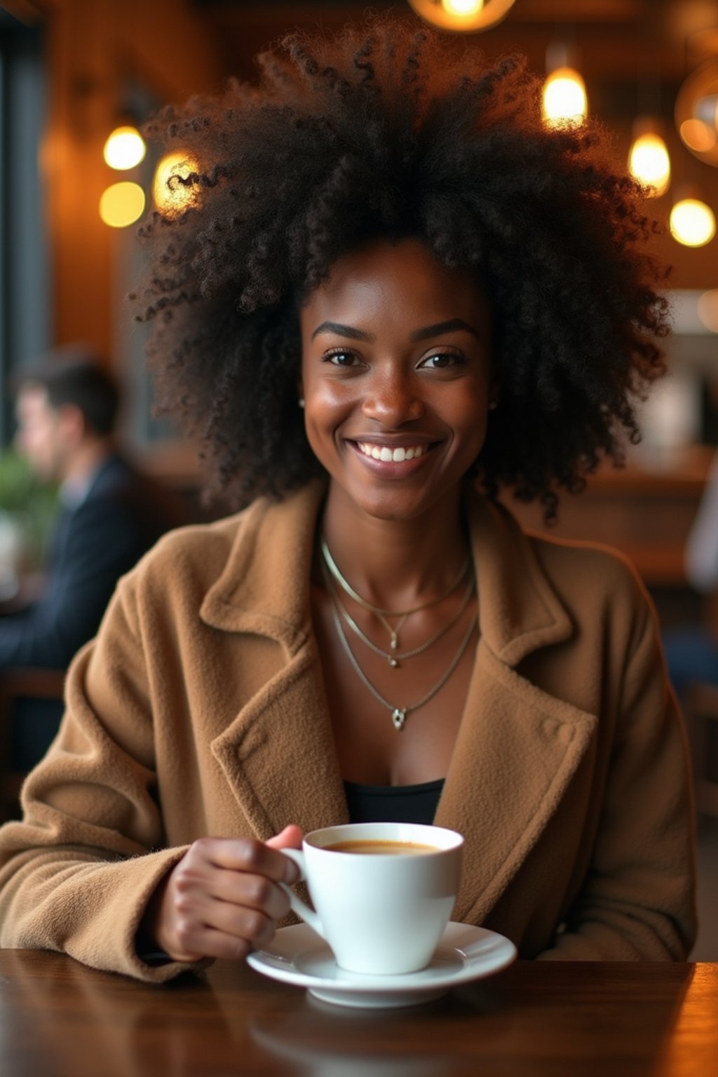 woman in a trendy café, holding a freshly brewed cup of coffee