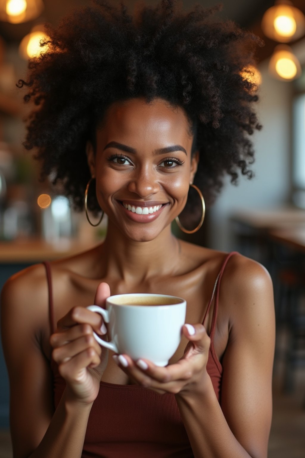 woman in a trendy café, holding a freshly brewed cup of coffee