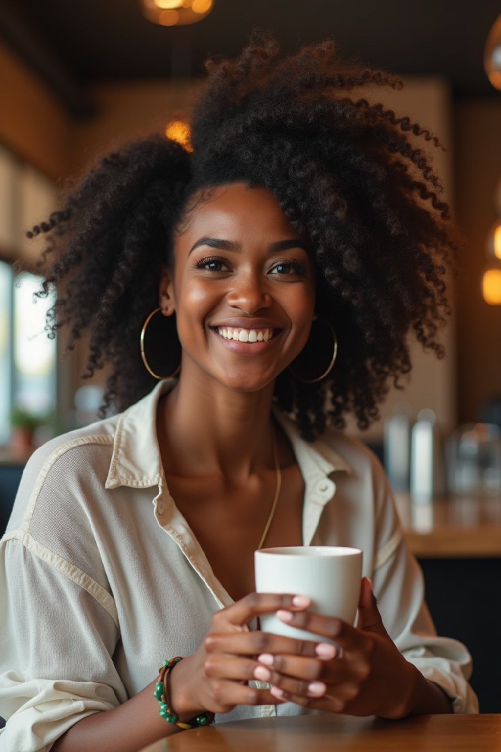 woman in a trendy café, holding a freshly brewed cup of coffee