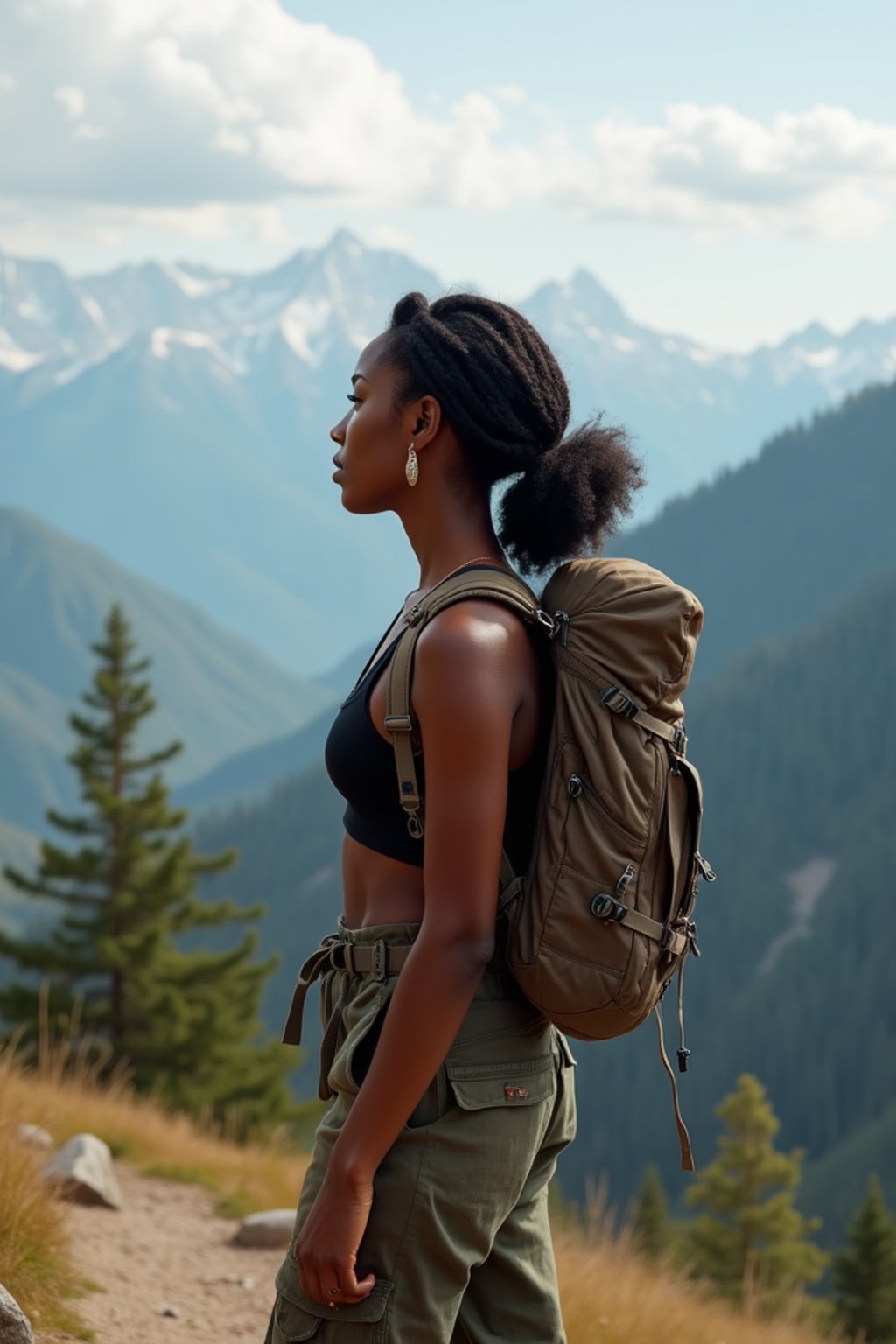 woman on a hiking trail, overlooking a breathtaking mountain landscape