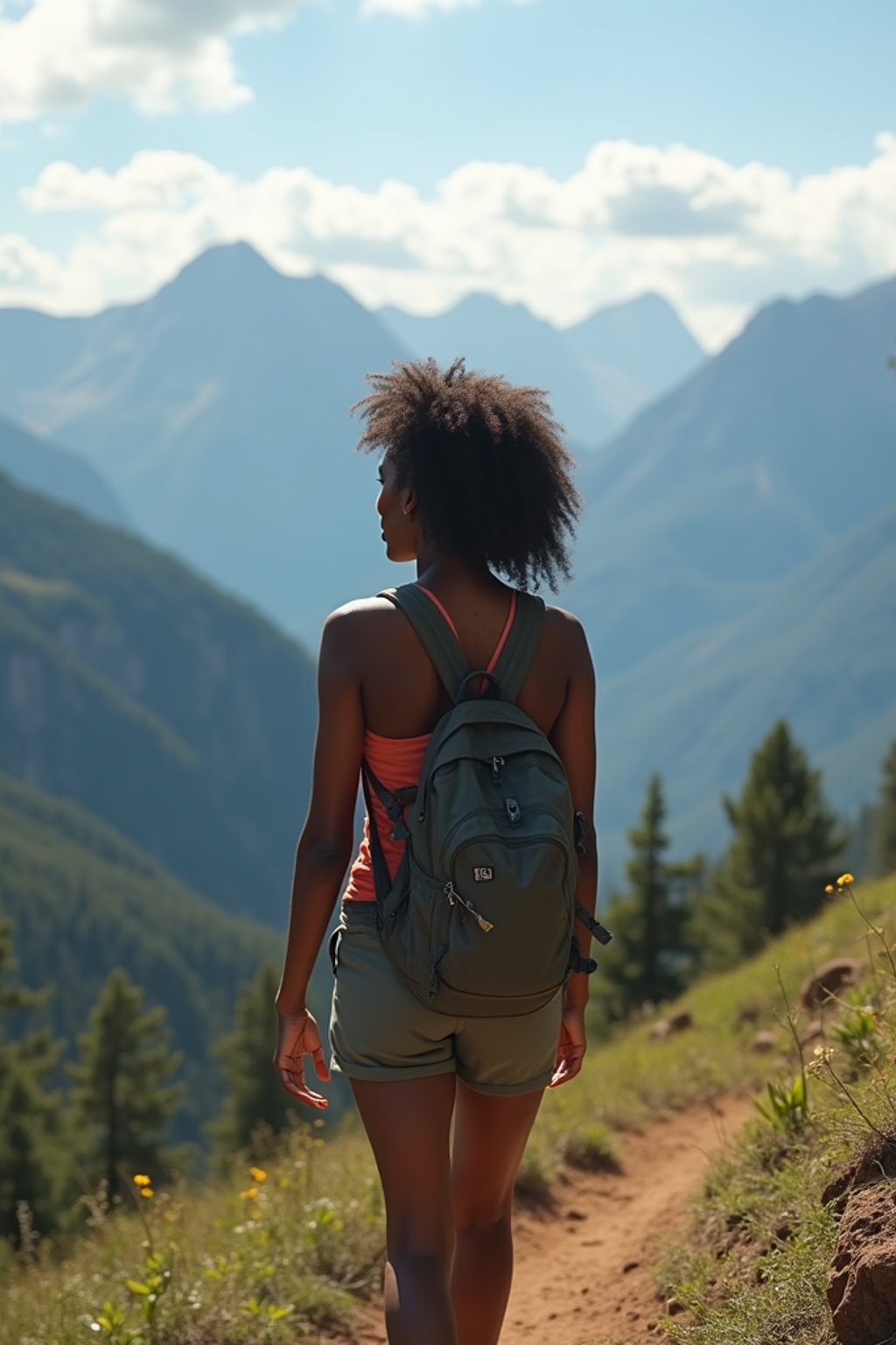 woman on a hiking trail, overlooking a breathtaking mountain landscape