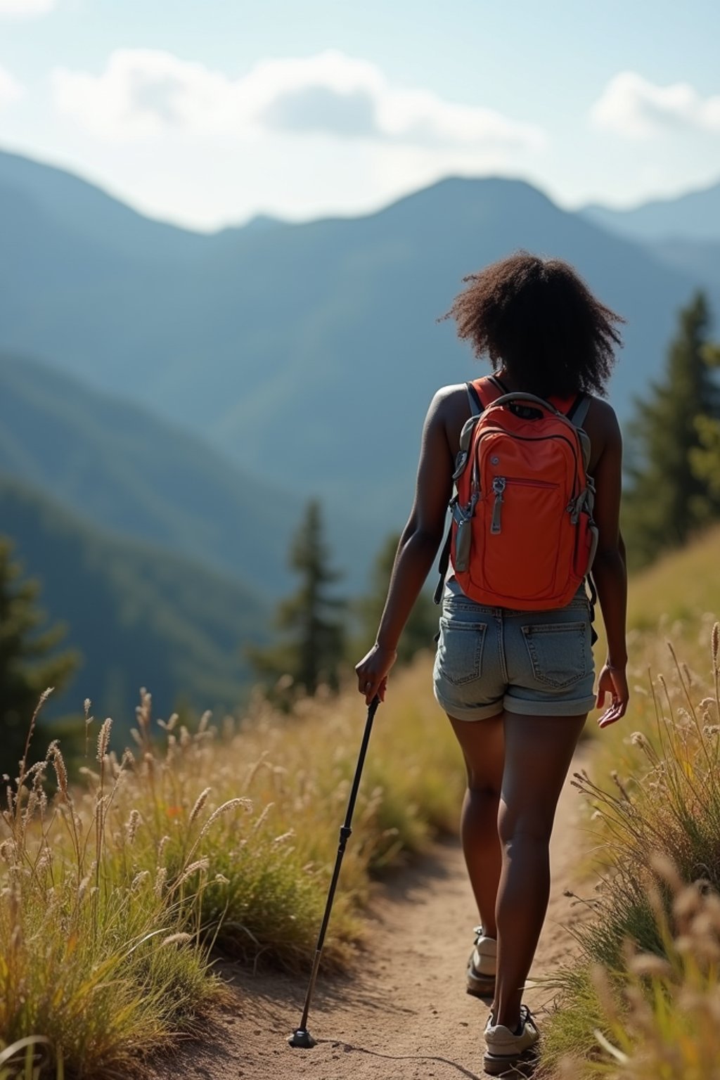 woman on a hiking trail, overlooking a breathtaking mountain landscape