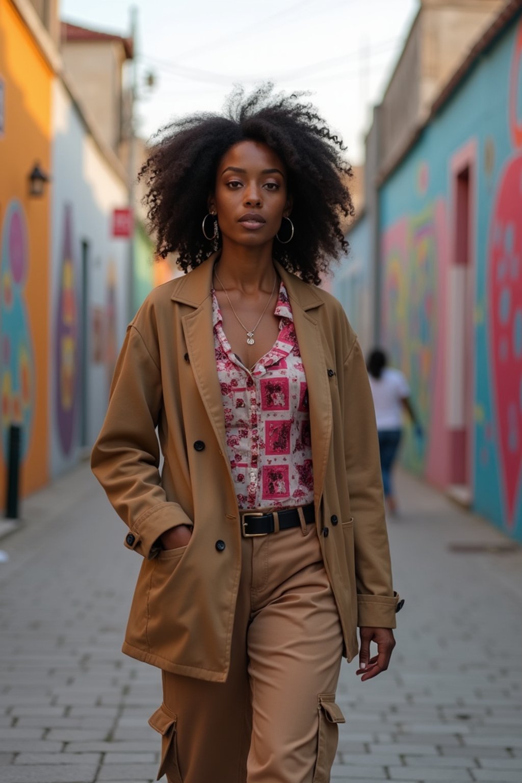 woman wearing a trendy outfit, walking down a street lined with colorful murals