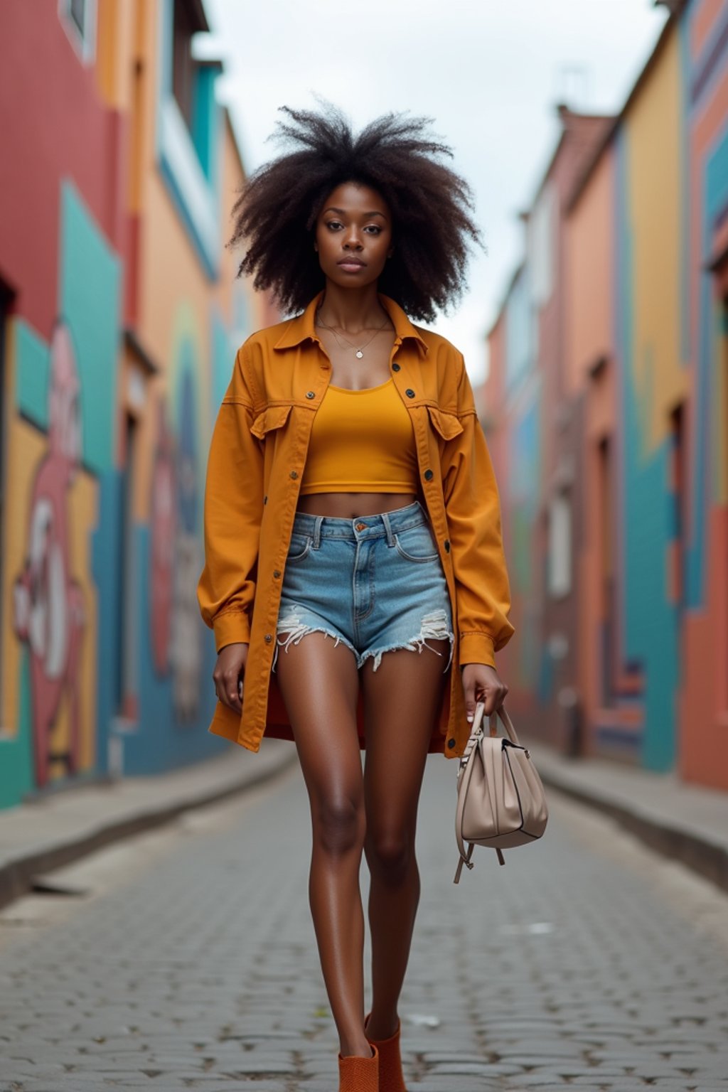 woman wearing a trendy outfit, walking down a street lined with colorful murals