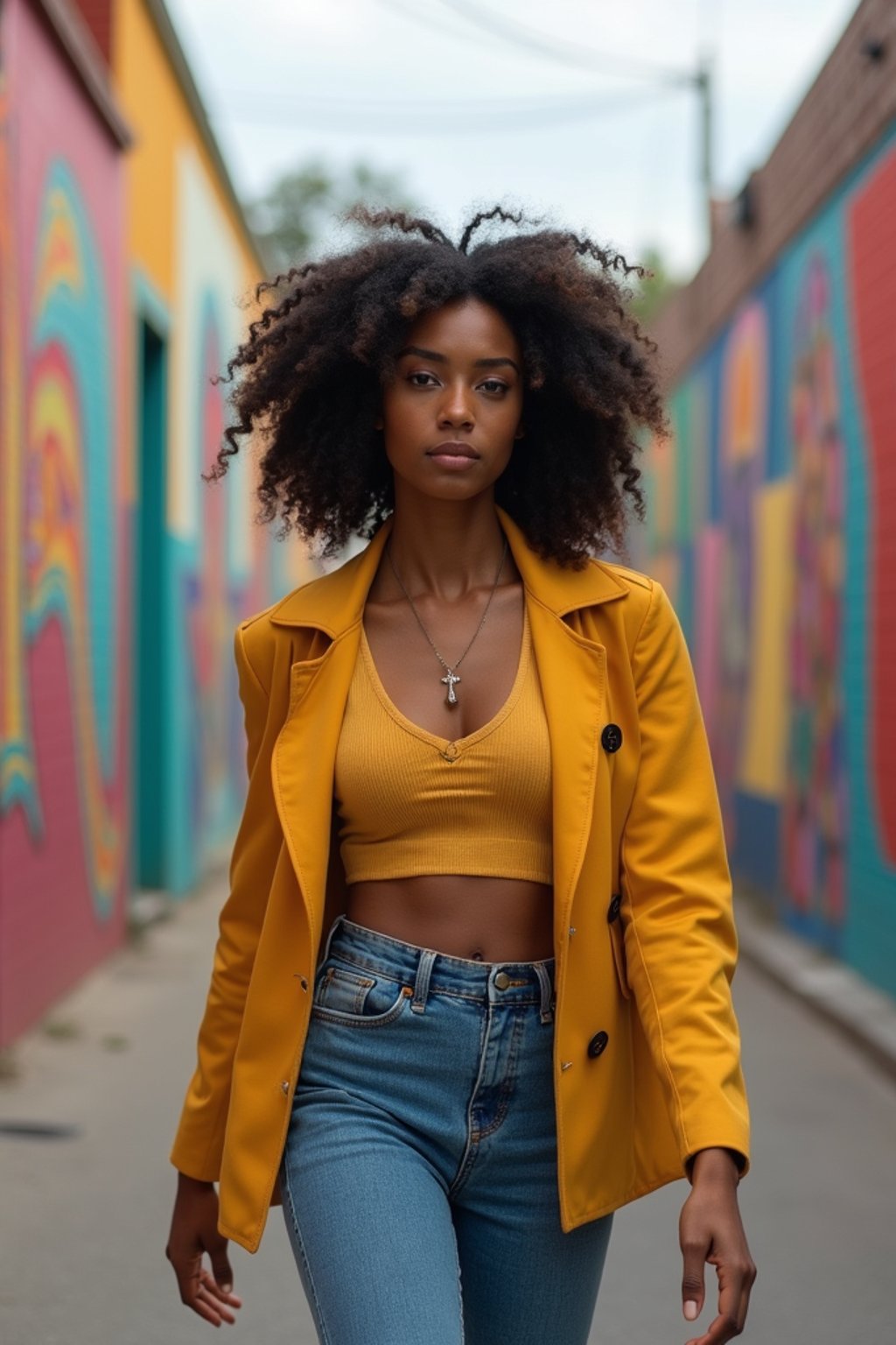 woman wearing a trendy outfit, walking down a street lined with colorful murals