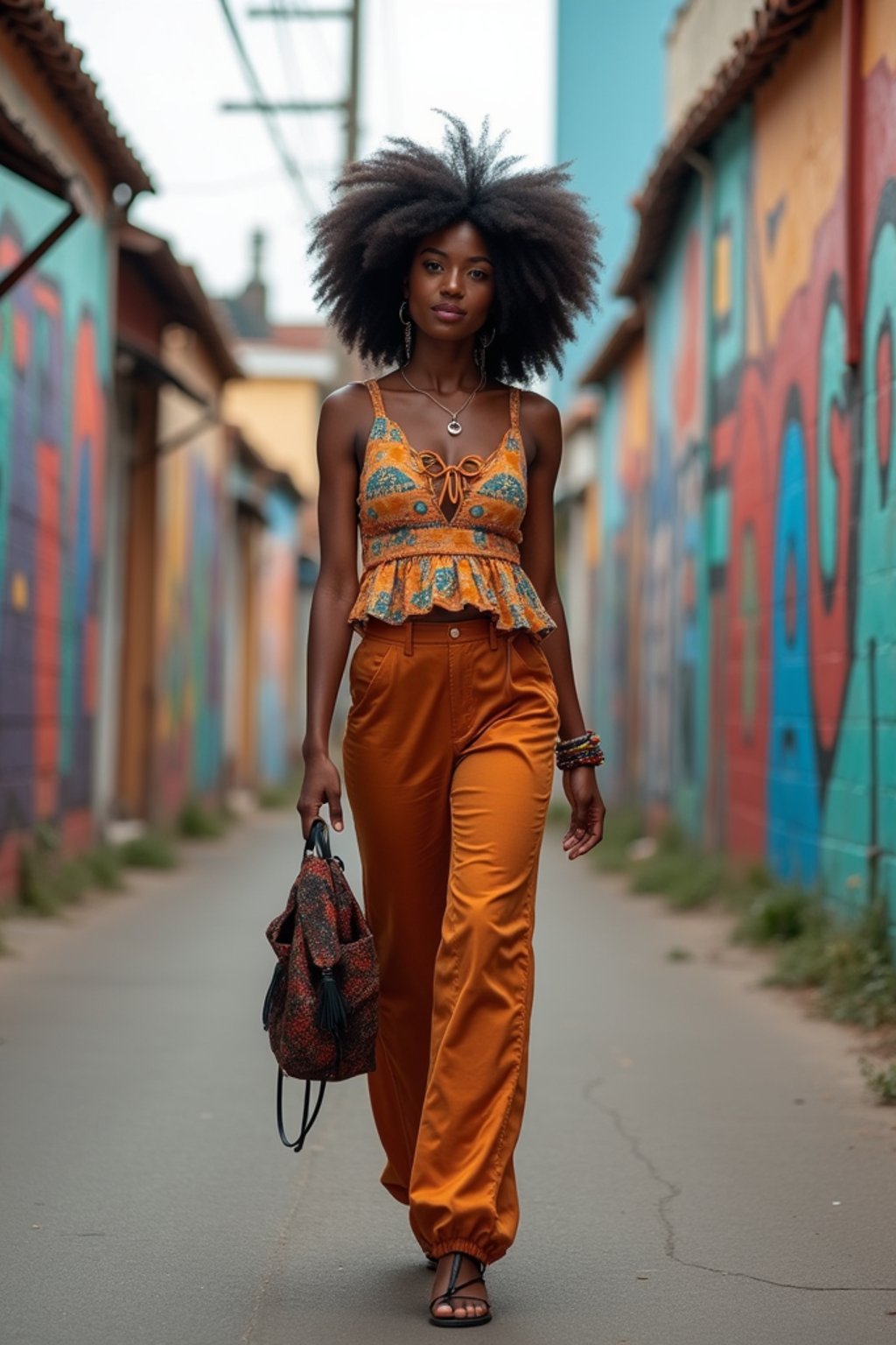 woman wearing a trendy outfit, walking down a street lined with colorful murals