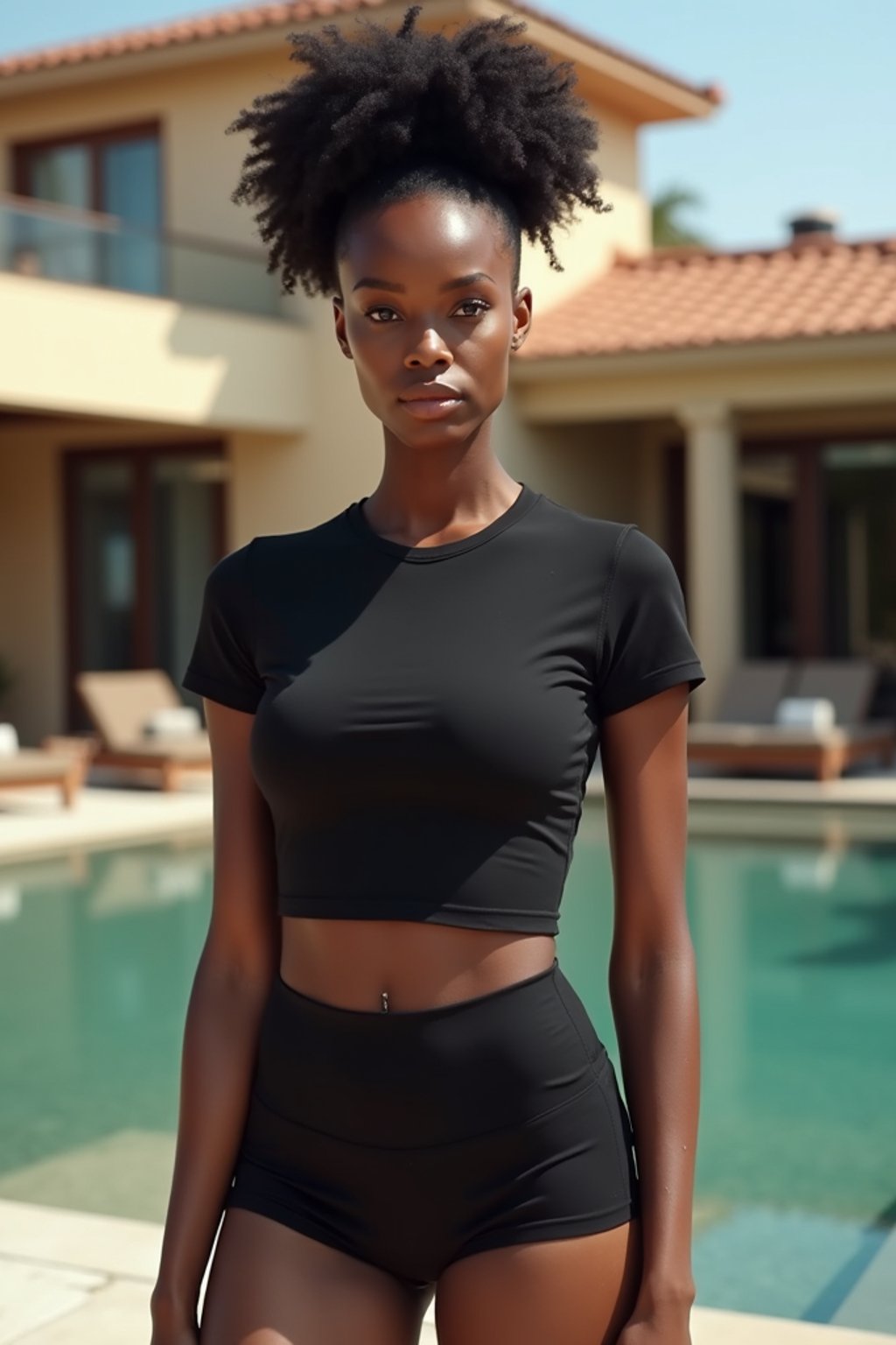 woman 90s hairbun wearing skintight skin tight (black yoga shorts) wearing a cropped top, feminine slim figure, wearing a cropped top a t-shirt, masculine figure, wearing a t-shirt, hourglass figure,  very woman, in front of luxury villa, black yoga shorts , sexy, beautiful, woman