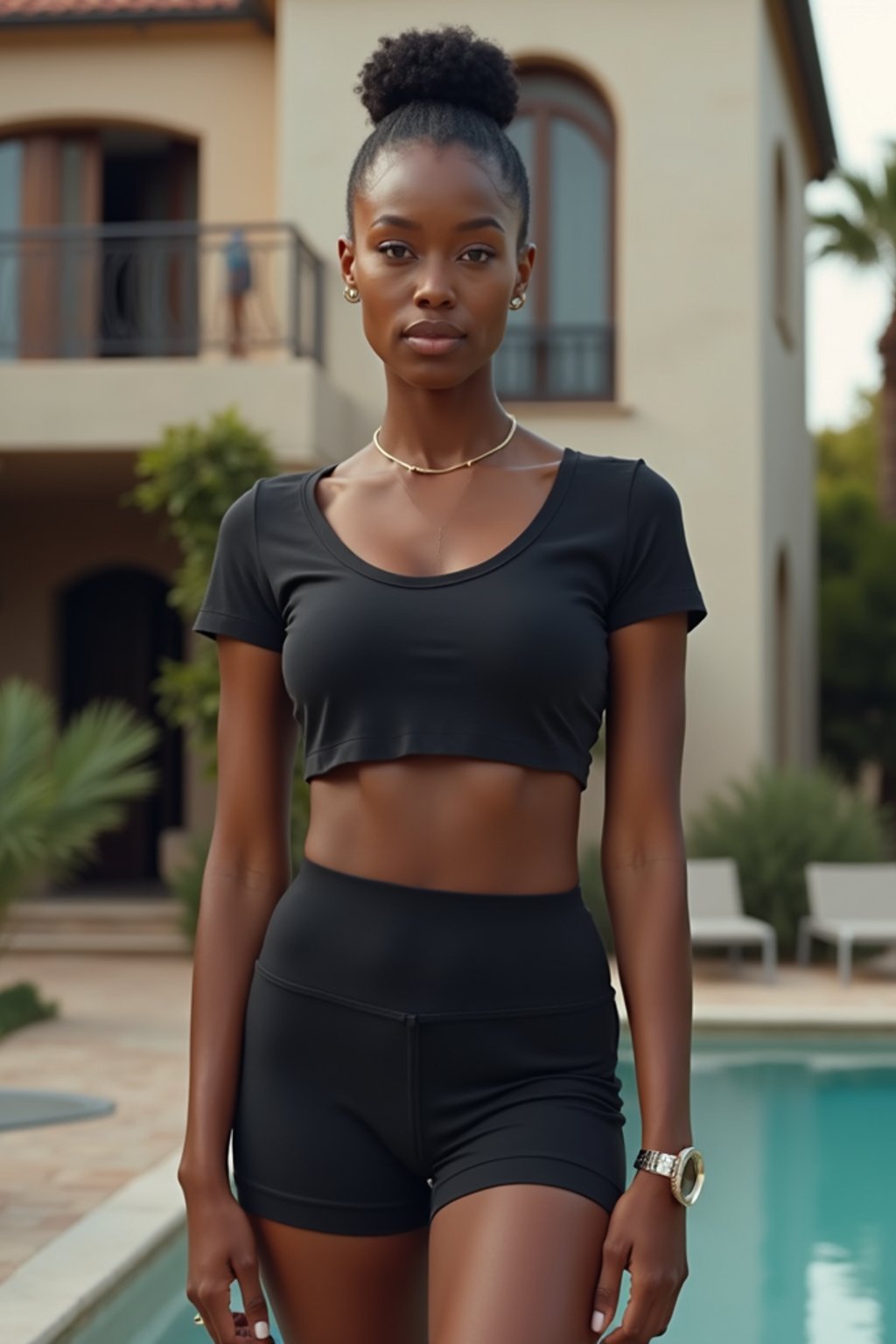 woman 90s hairbun wearing skintight skin tight (black yoga shorts) wearing a cropped top, feminine slim figure, wearing a cropped top a t-shirt, masculine figure, wearing a t-shirt, hourglass figure,  very woman, in front of luxury villa, black yoga shorts , sexy, beautiful, woman