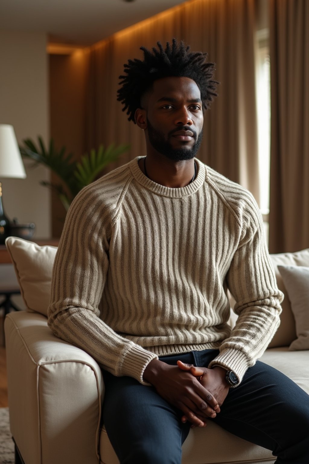 a man wearing knitted sweater) in luxury villa living room, instagram photo, instagram,  fit body