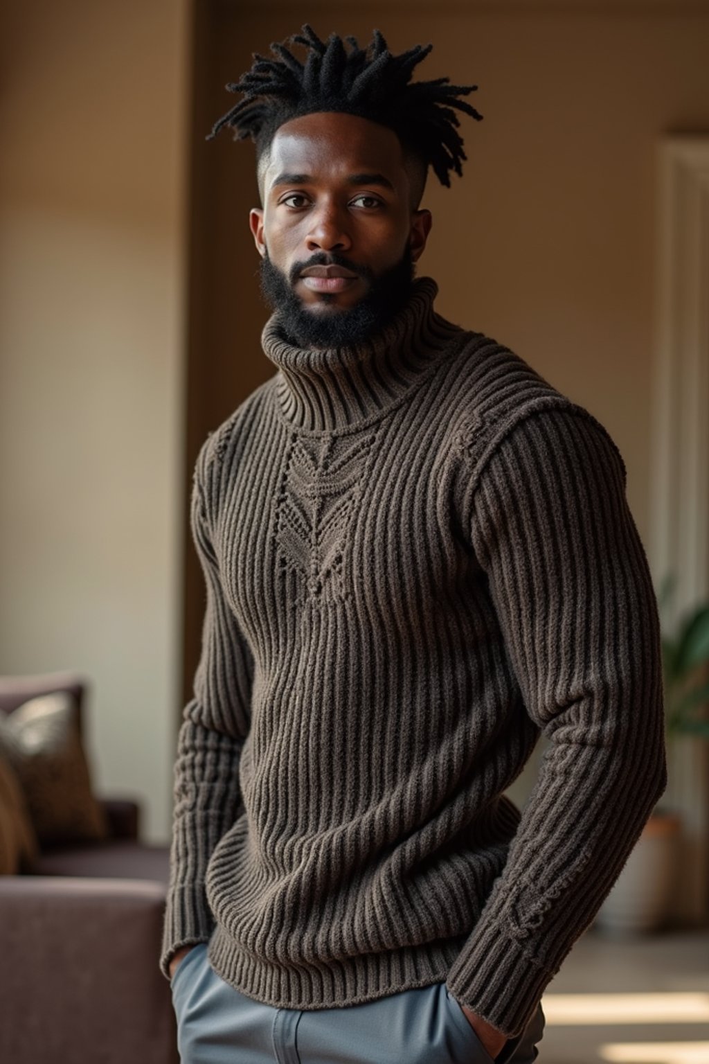 a man wearing knitted sweater) in luxury villa living room, instagram photo, instagram,  fit body