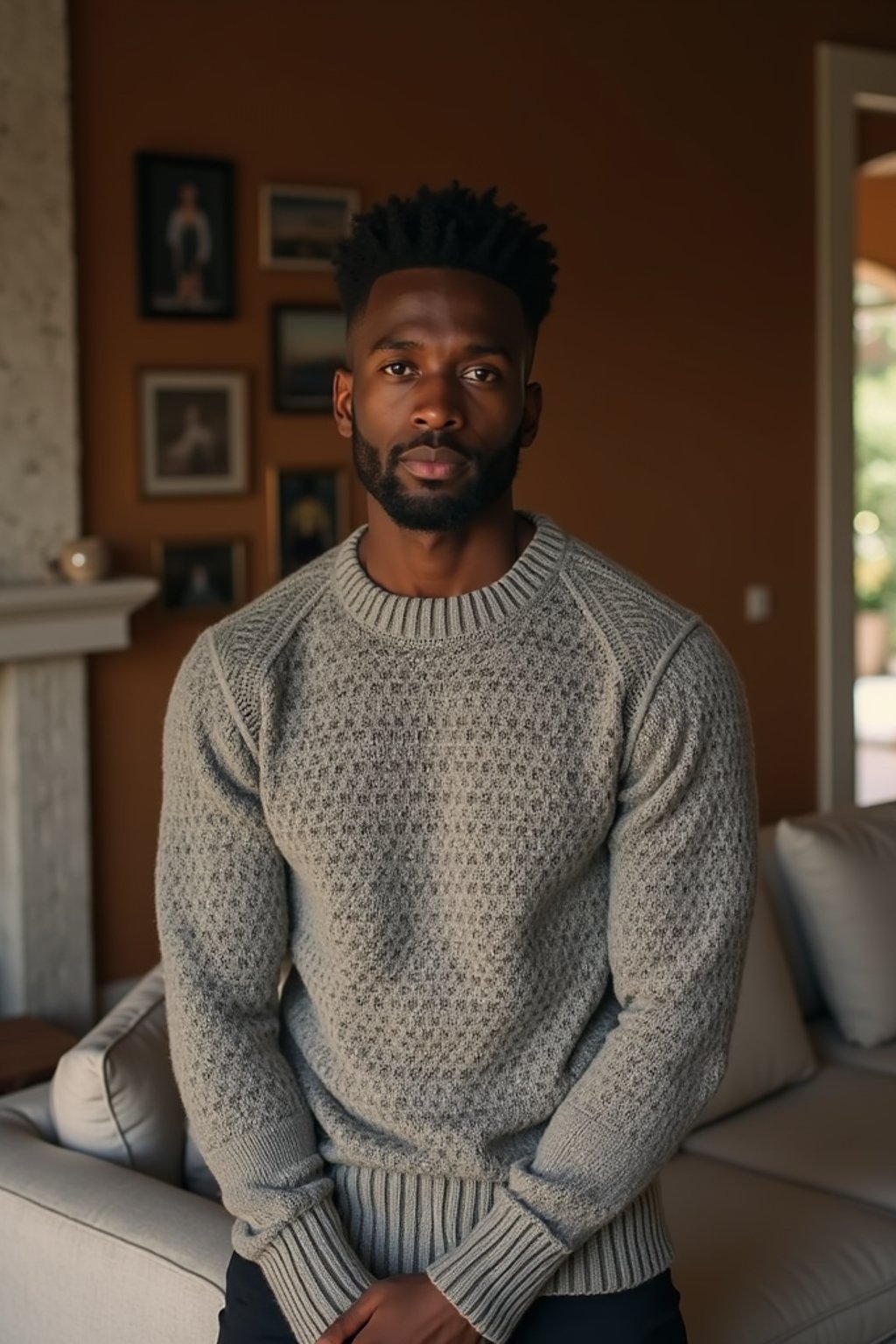 a man wearing knitted sweater) in luxury villa living room, instagram photo, instagram,  fit body