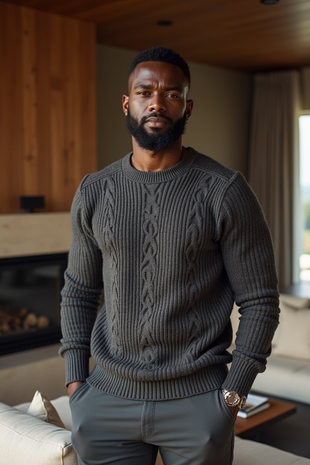 a man wearing knitted sweater) in luxury villa living room, instagram photo, instagram,  fit body