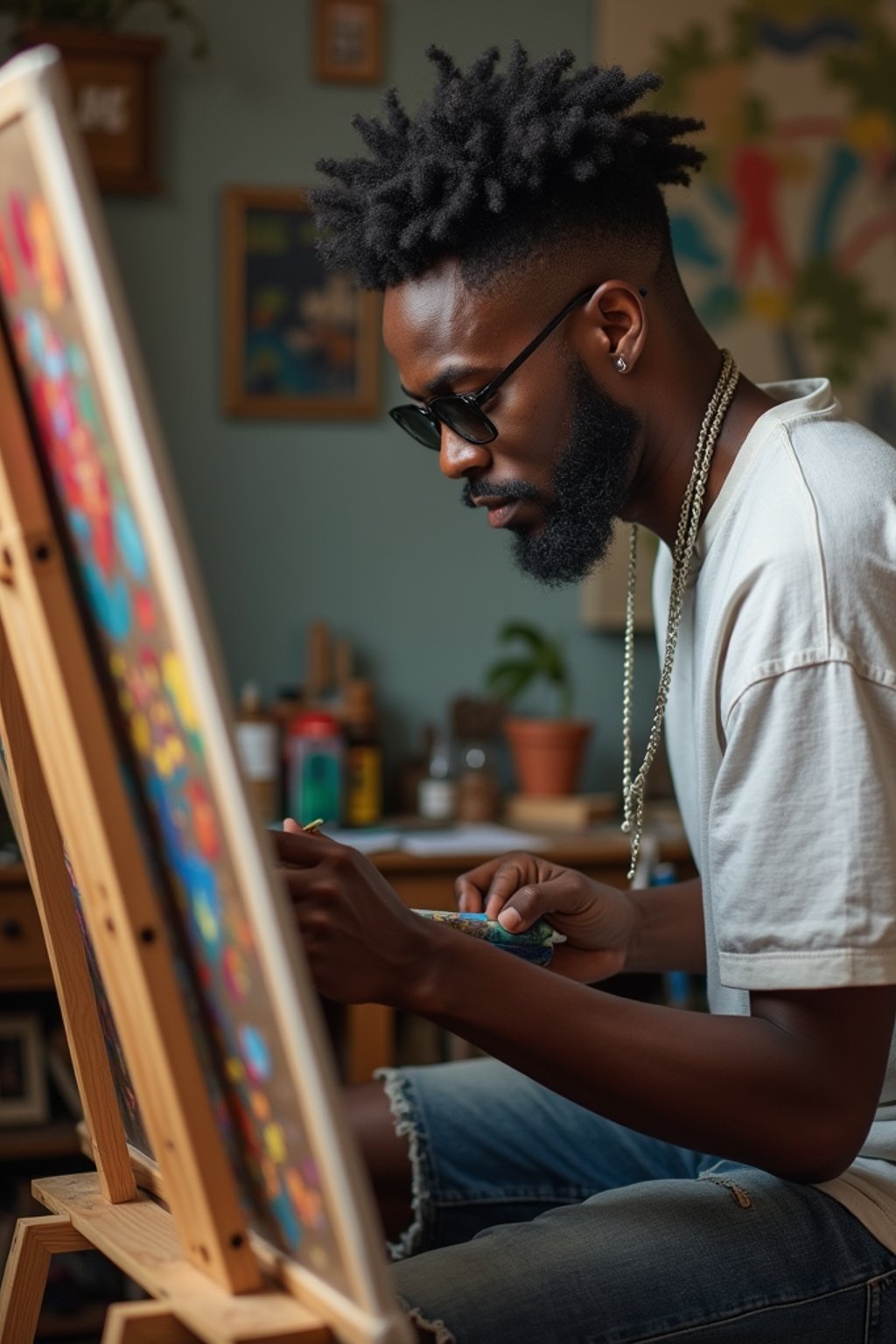 a man as artistic painter in  art studio with wooden easel and paint