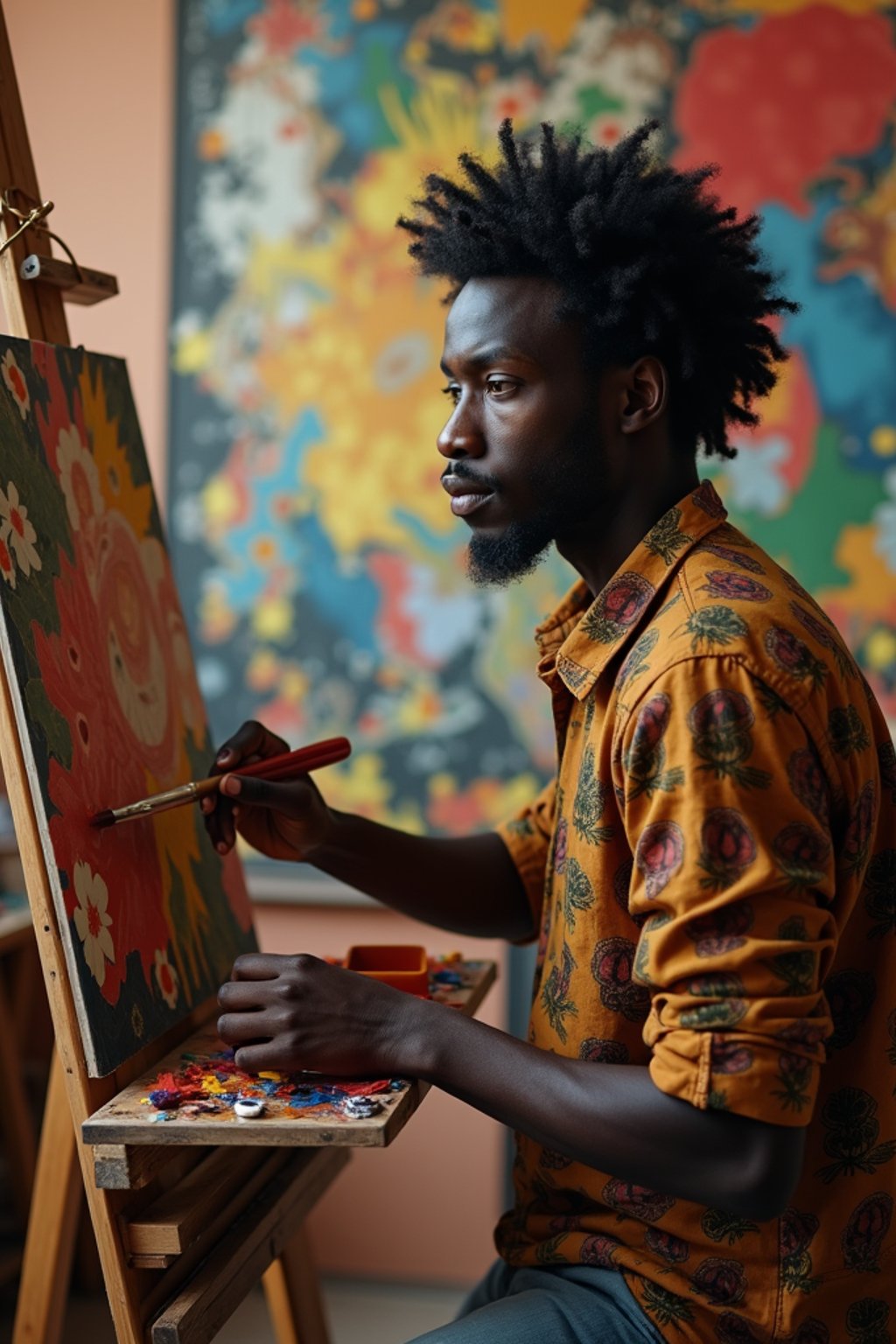 a man as artistic painter in  art studio with wooden easel and paint