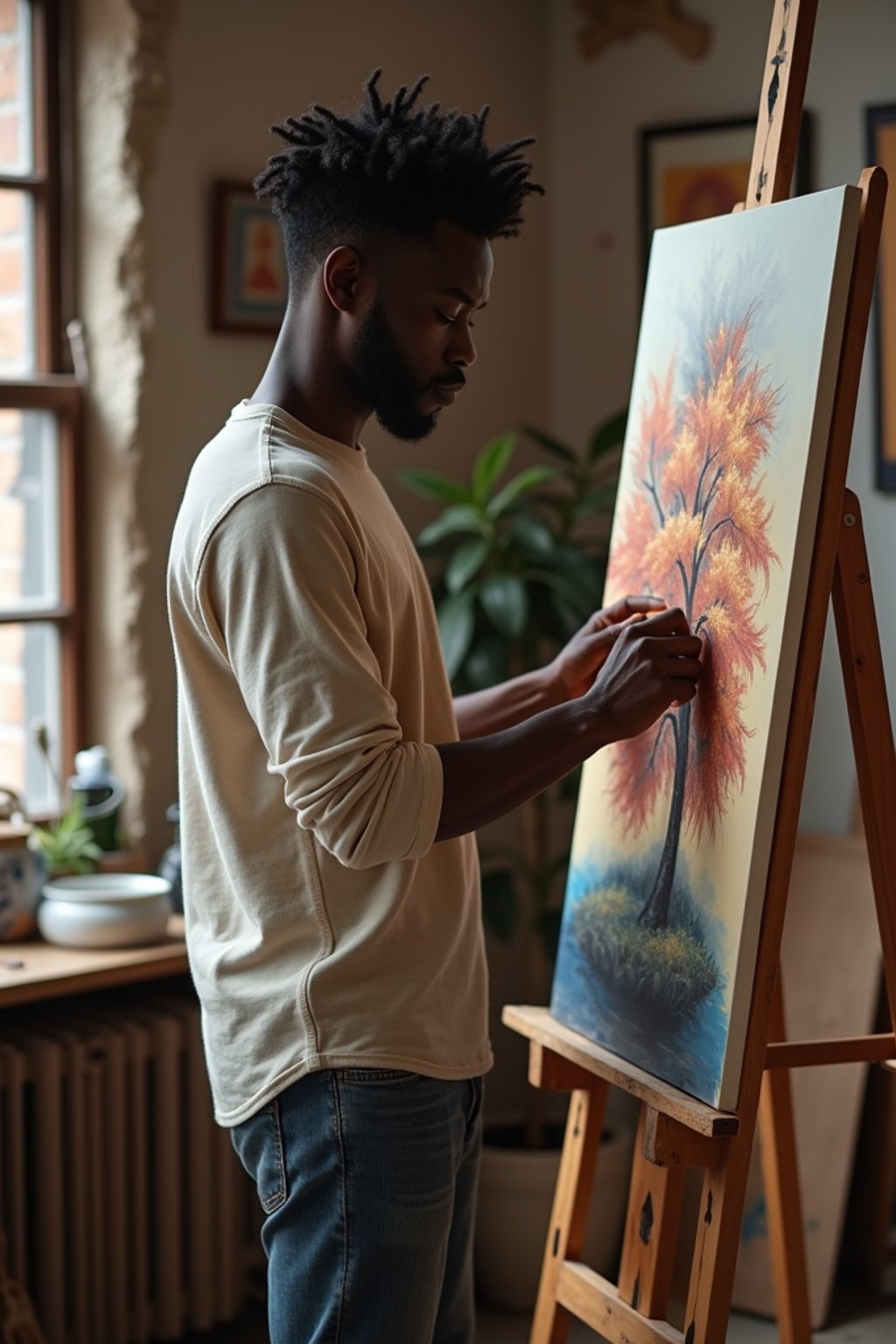 a man as artistic painter in  art studio with wooden easel and paint