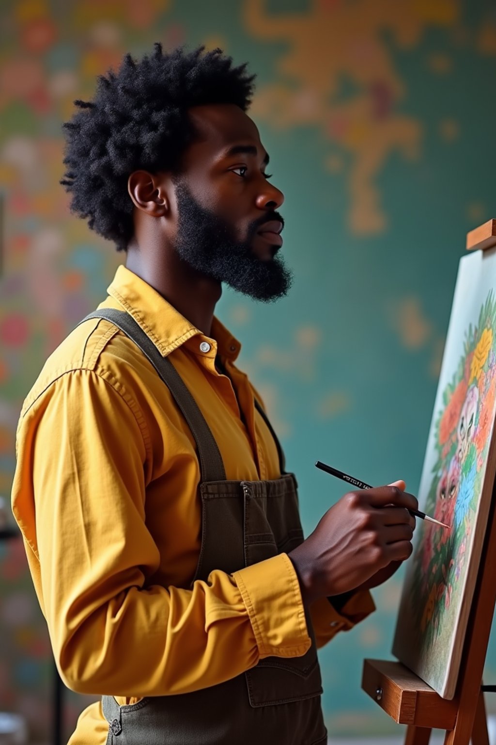 a man as artistic painter in  art studio with wooden easel and paint