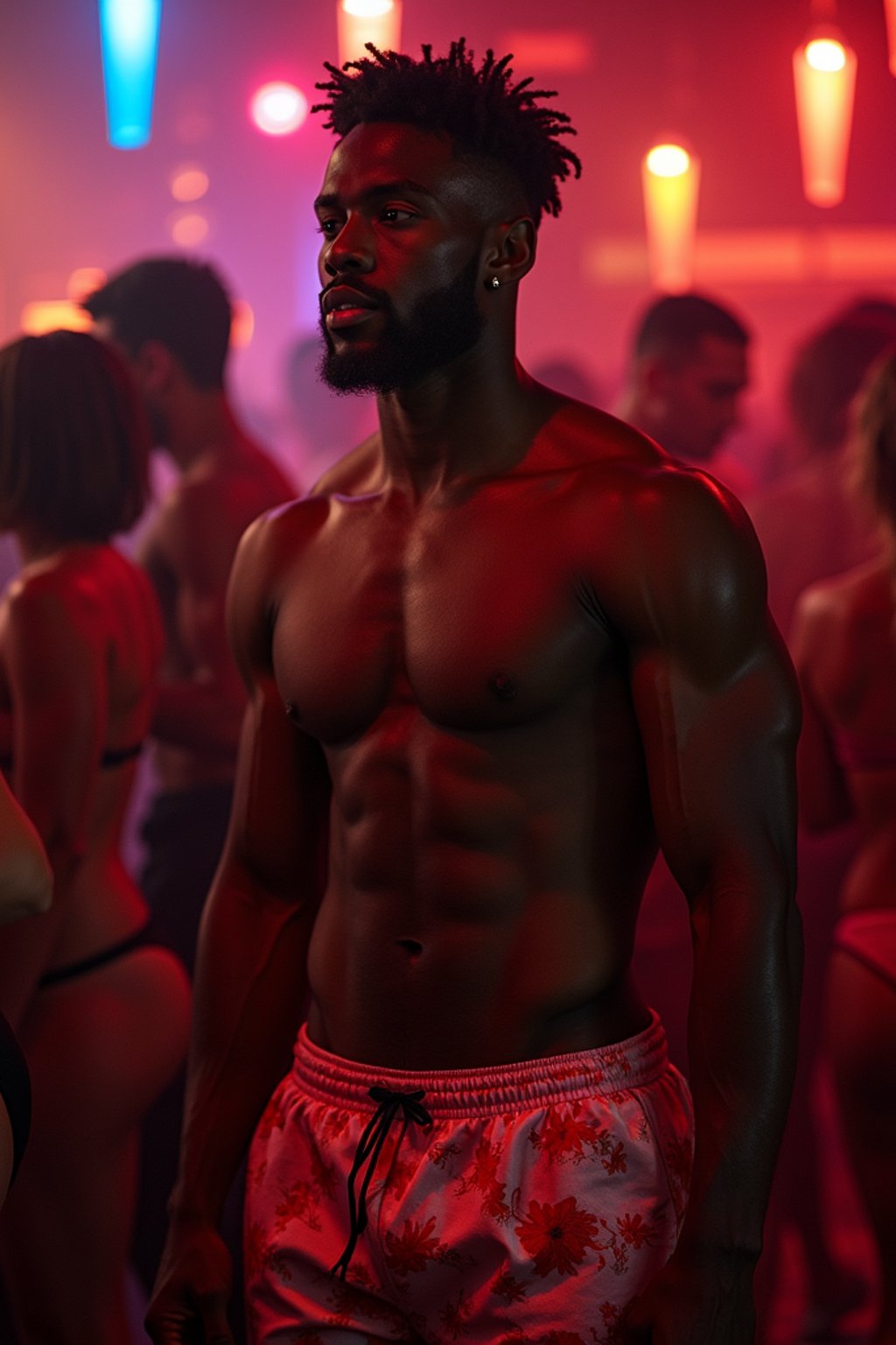 a man wearing  silk floral swim shorts in night club, instagram photo, instagram,  fit body