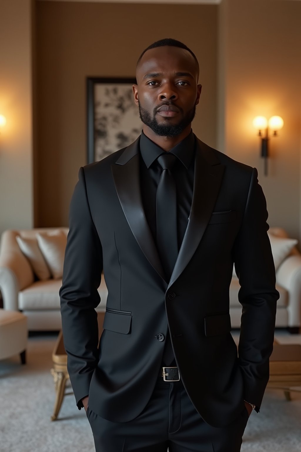 a man wearing  black suit in luxury villa living room, instagram photo, instagram,  fit body