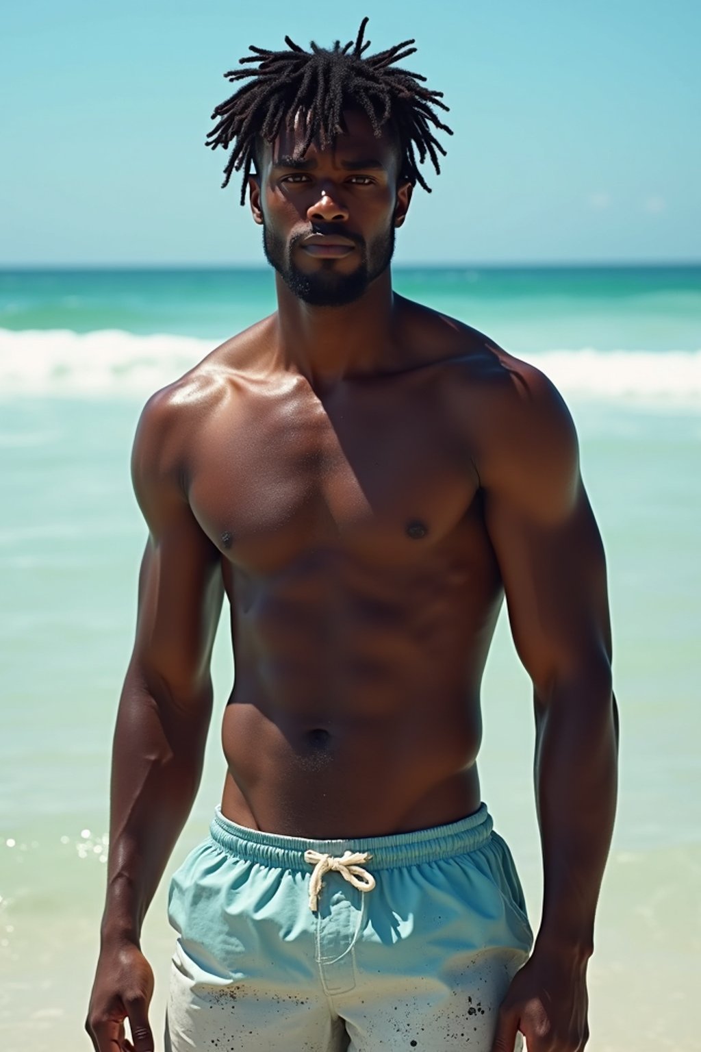 man in  swim shorts} in sea water on the beach, wet hair