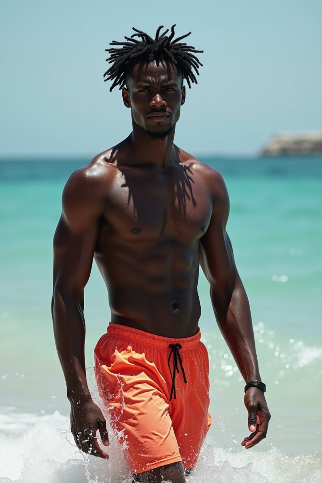 man in  swim shorts} in sea water on the beach, wet hair