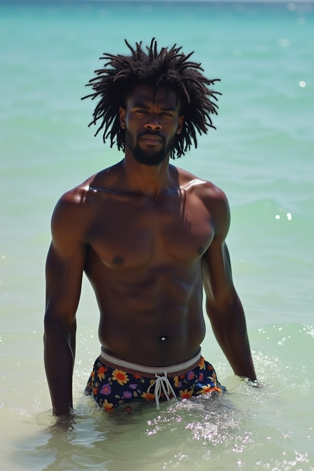 man in  swim shorts} in sea water on the beach, wet hair