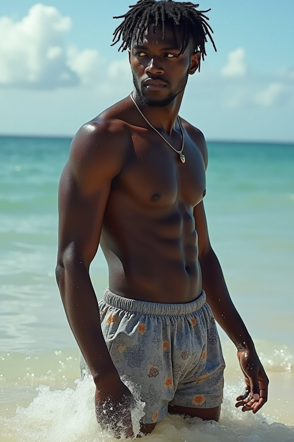 man in  swim shorts} in sea water on the beach, wet hair