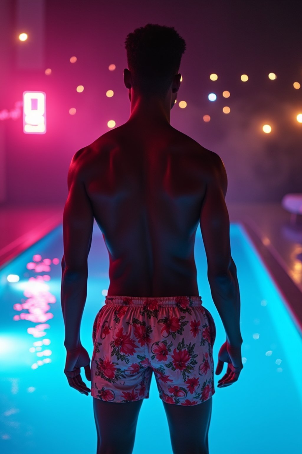 man , fit body in floral silk  swim shorts and shirtless at pool party with neon lights