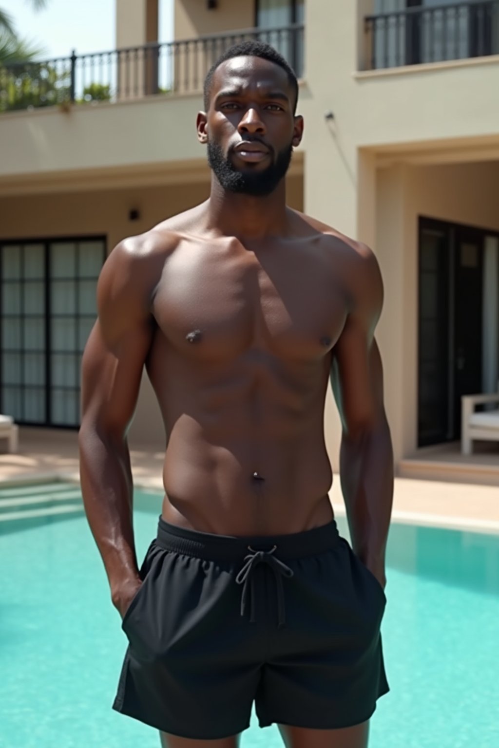 man wearing black   swim shorts in front of luxury villa