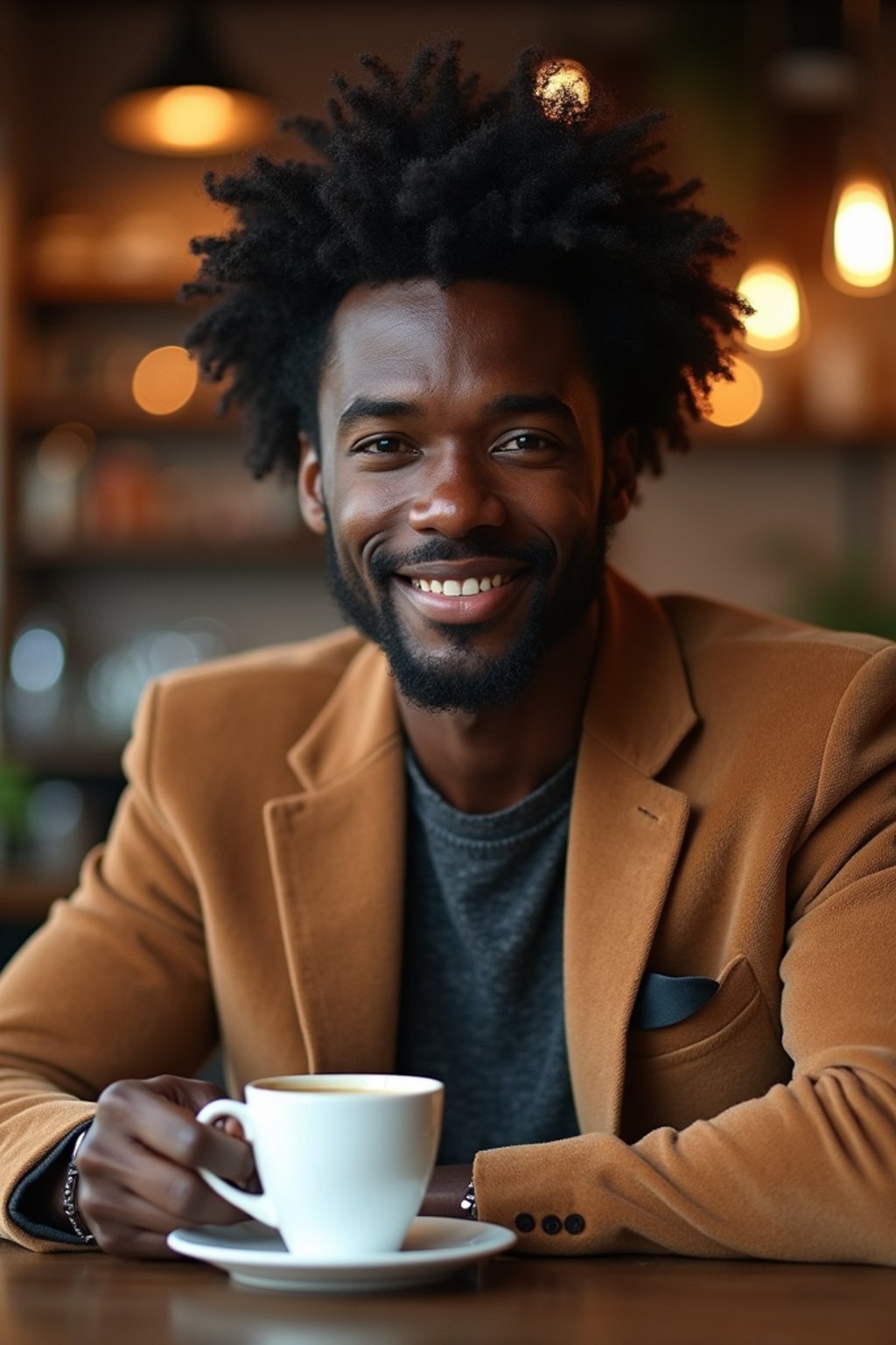 man in a trendy café, holding a freshly brewed cup of coffee