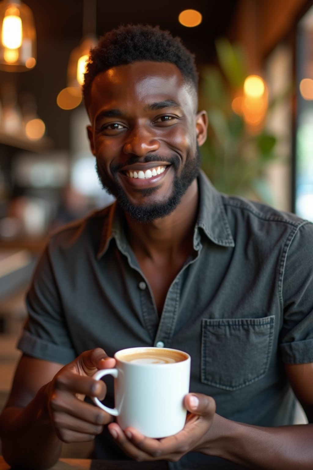 man in a trendy café, holding a freshly brewed cup of coffee