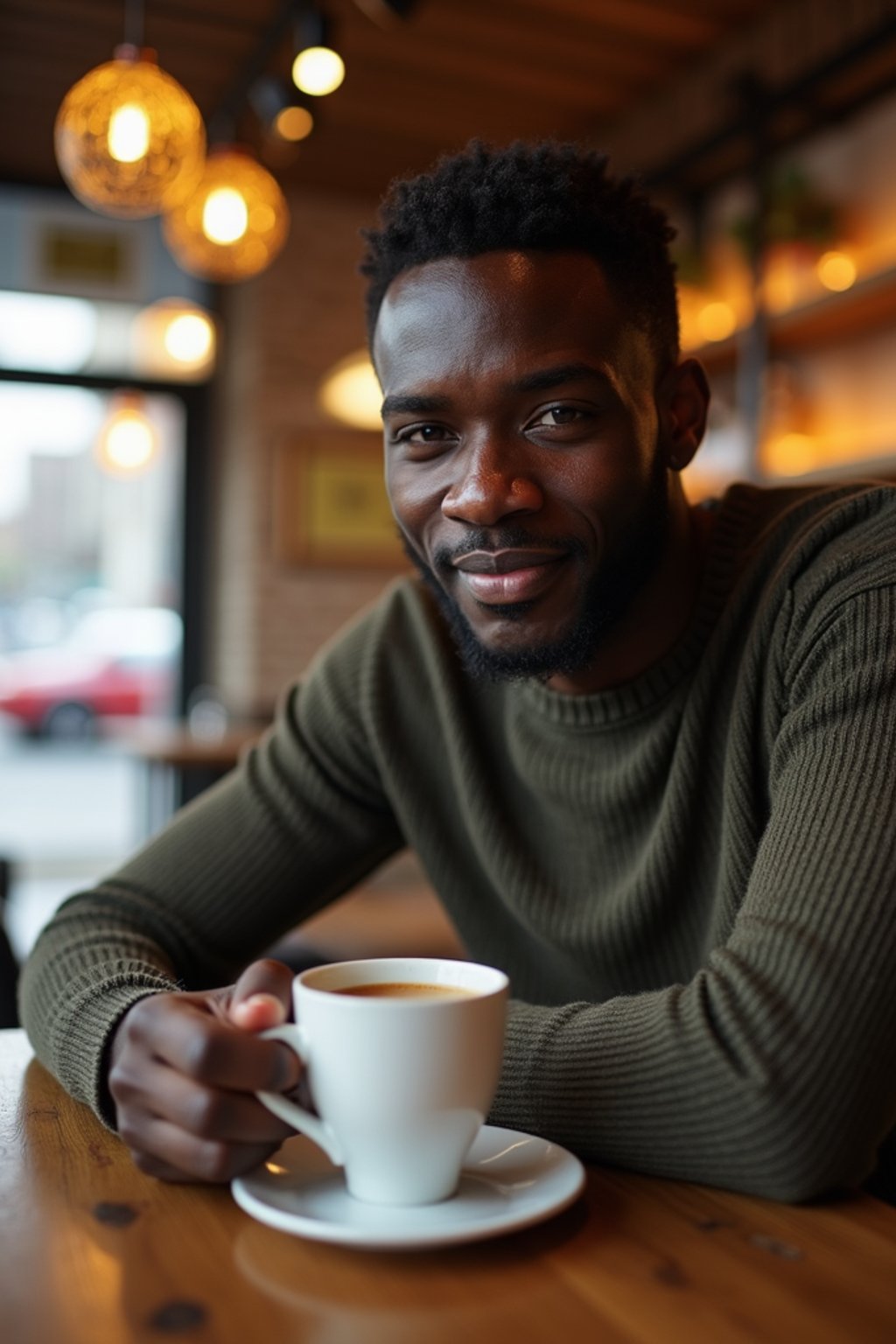 man in a trendy café, holding a freshly brewed cup of coffee