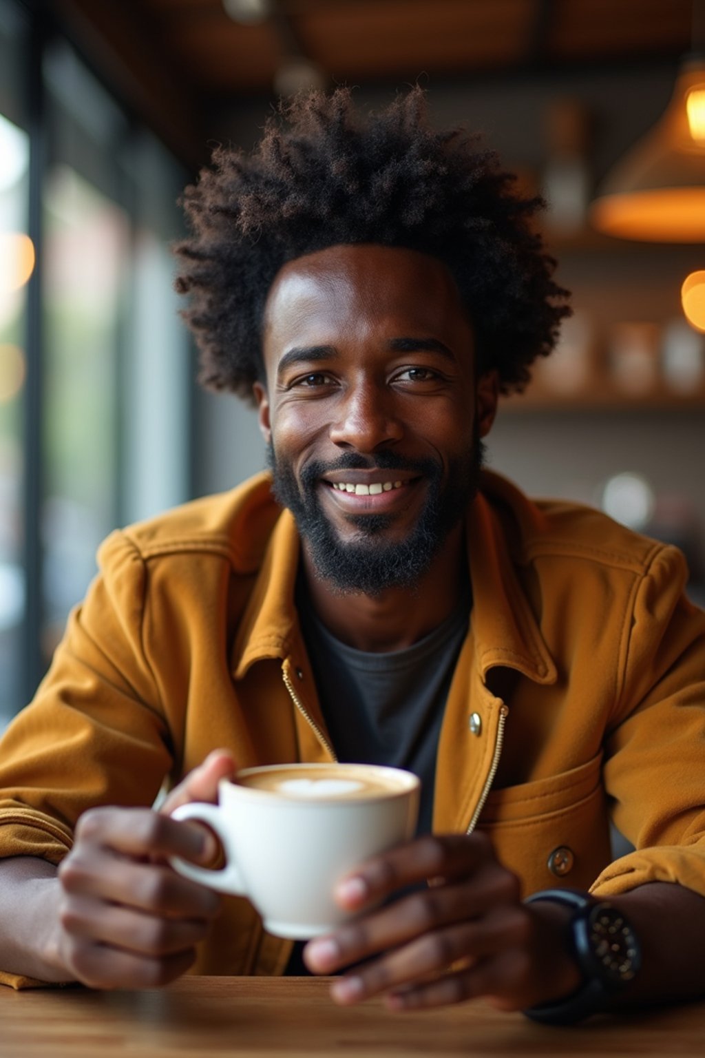 man in a trendy café, holding a freshly brewed cup of coffee