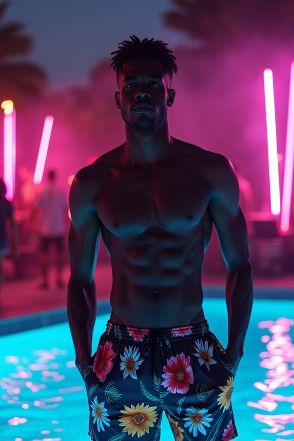 man , fit body in floral silk  swim shorts and shirtless at pool party with neon lights