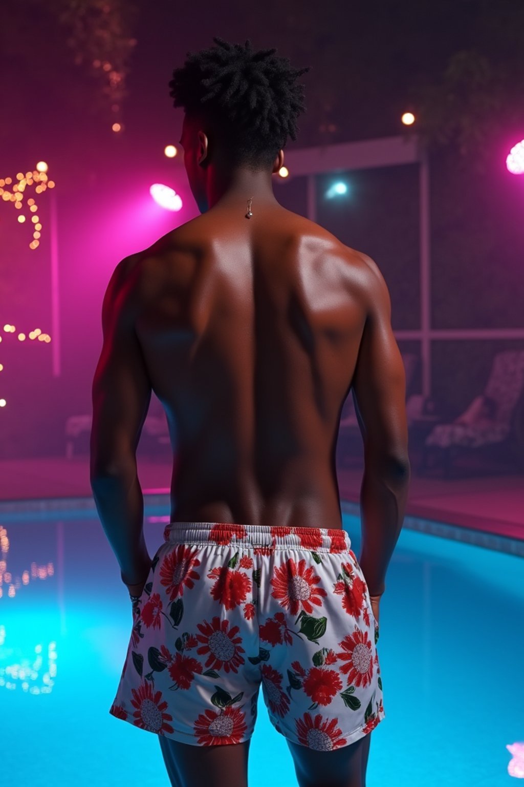 man , fit body in floral silk  swim shorts and shirtless at pool party with neon lights