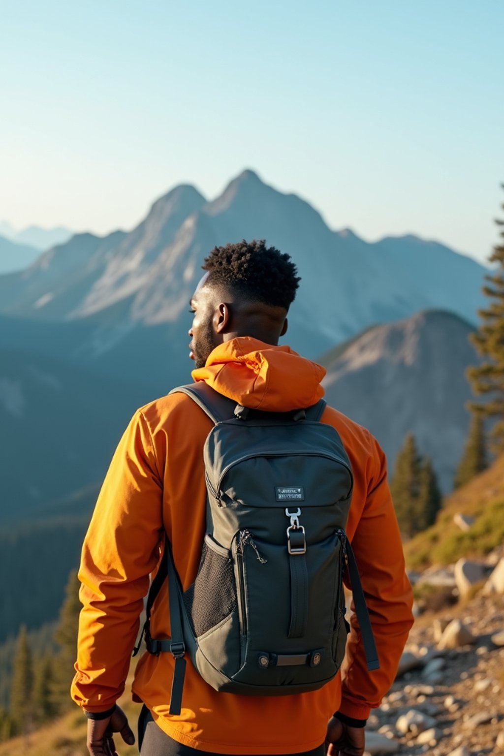 man on a hiking trail, overlooking a breathtaking mountain landscape