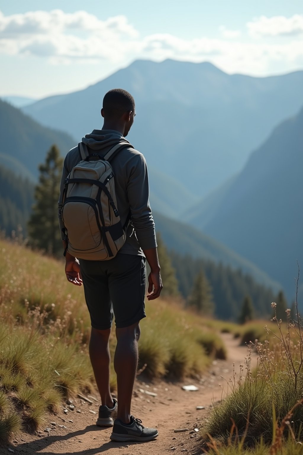 man on a hiking trail, overlooking a breathtaking mountain landscape