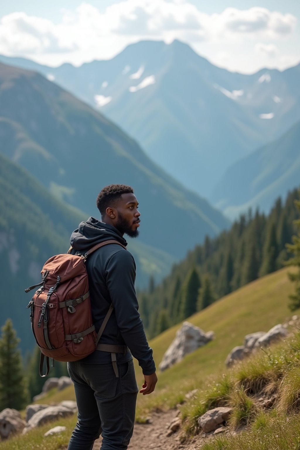 man on a hiking trail, overlooking a breathtaking mountain landscape