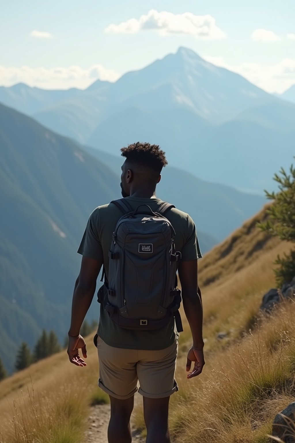 man on a hiking trail, overlooking a breathtaking mountain landscape