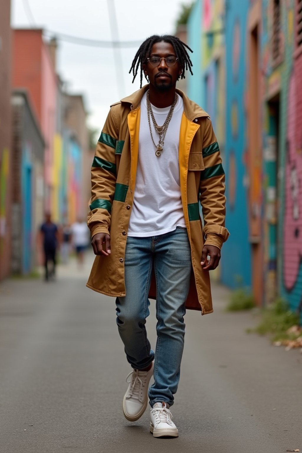 man wearing a trendy outfit, walking down a street lined with colorful murals