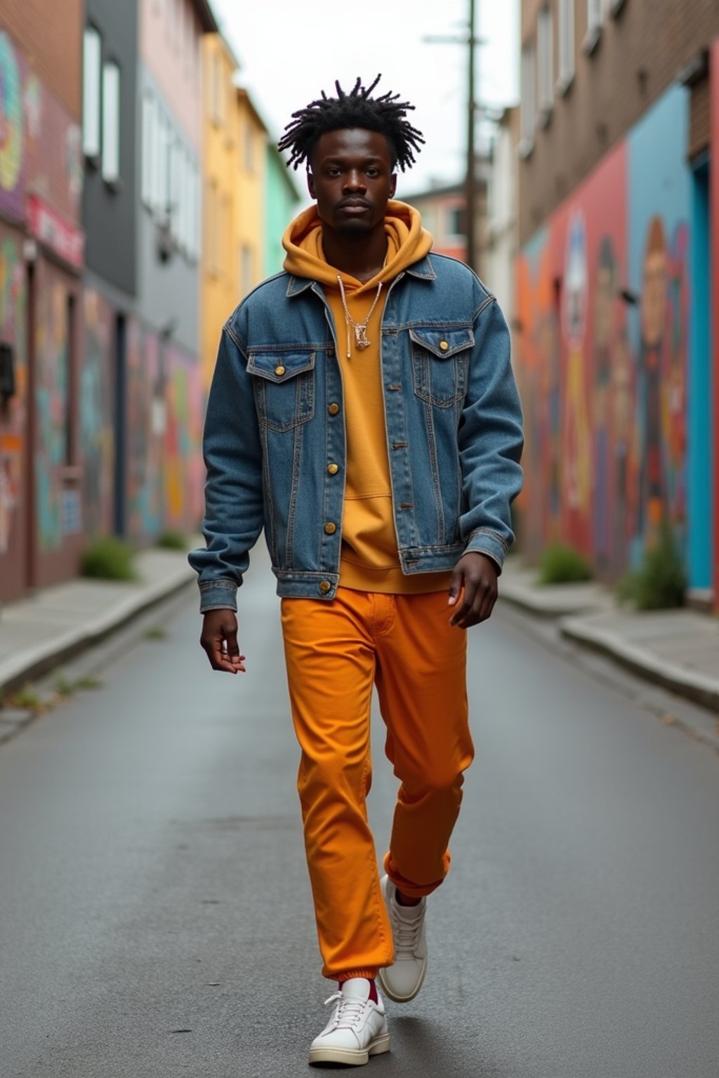 man wearing a trendy outfit, walking down a street lined with colorful murals