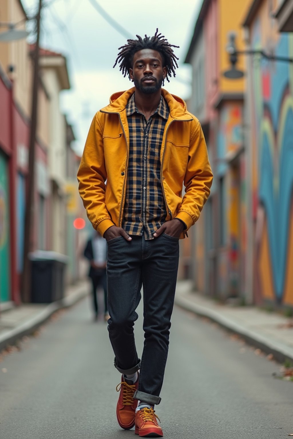 man wearing a trendy outfit, walking down a street lined with colorful murals