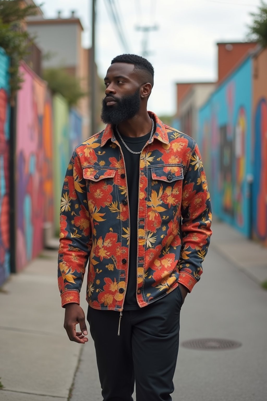 man wearing a trendy outfit, walking down a street lined with colorful murals