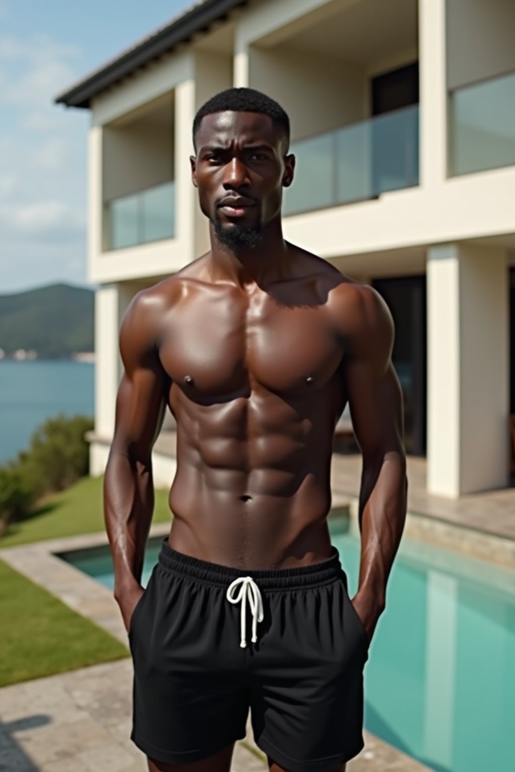 man  wearing  , , fit body very man, in front of luxury villa,  black shorts, sexy, beautiful, man