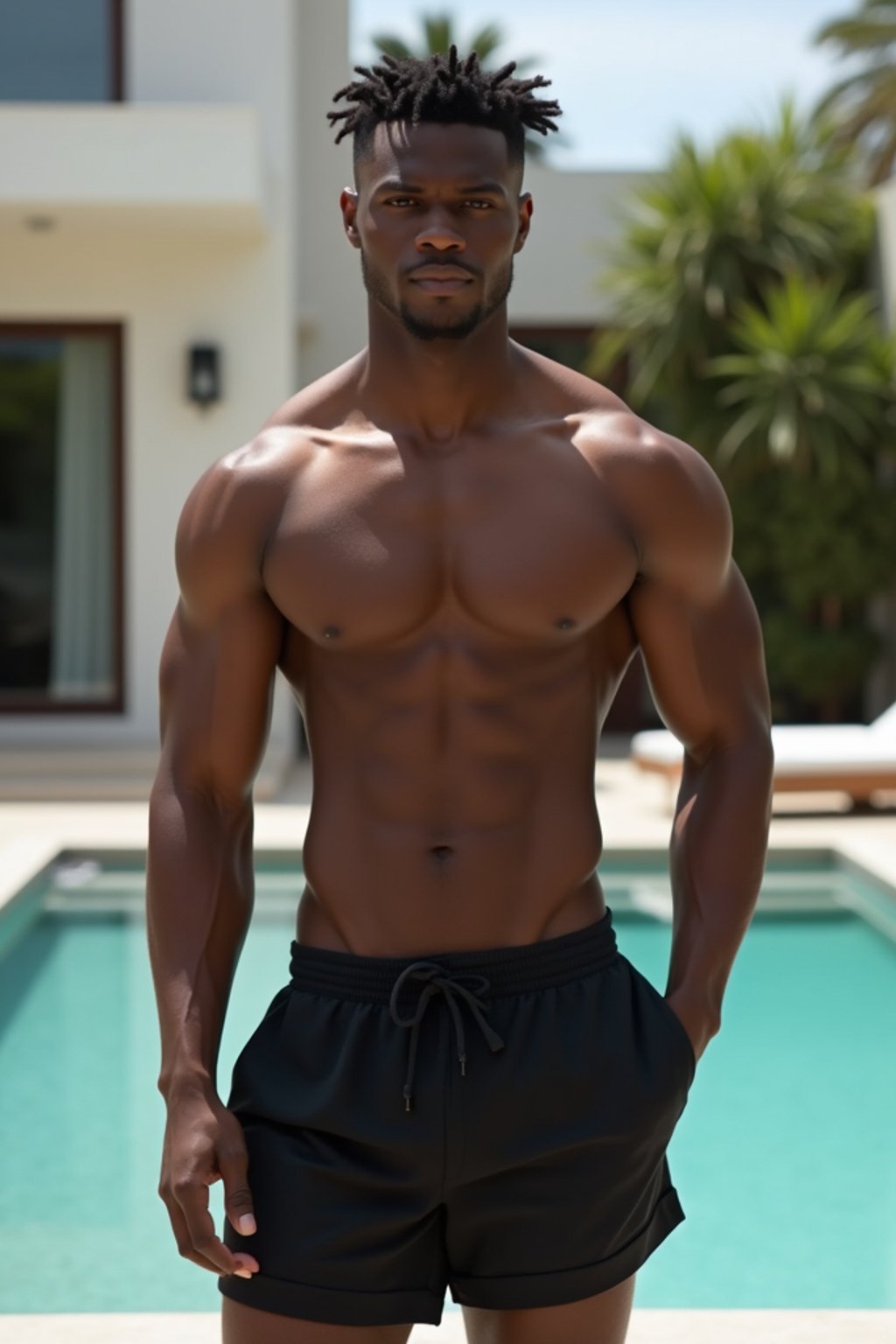 man  wearing  , , fit body very man, in front of luxury villa,  black shorts, sexy, beautiful, man