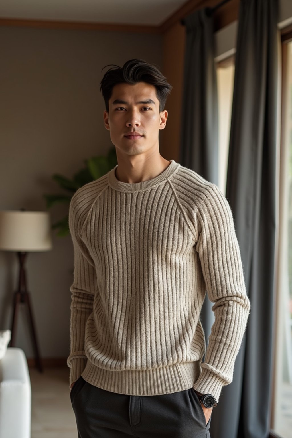 a man wearing knitted sweater) in luxury villa living room, instagram photo, instagram,  fit body