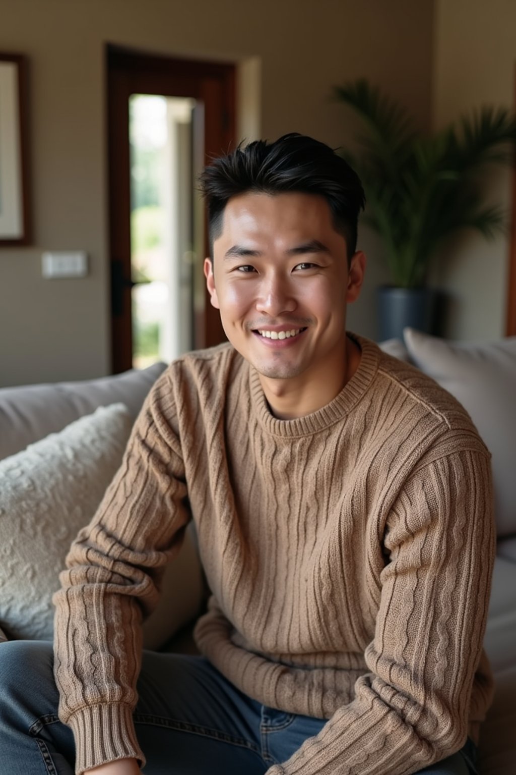 a man wearing knitted sweater) in luxury villa living room, instagram photo, instagram,  fit body